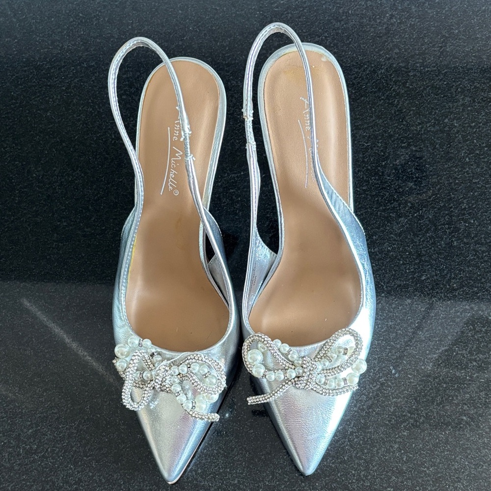 Anne Michelle Silver Slingback Heels with Pearl Accents